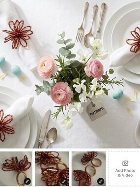 AUTHENTIC Pier 1 Imports: Festive Red & Gold Beaded Flower Napkin Rings (Set 8)